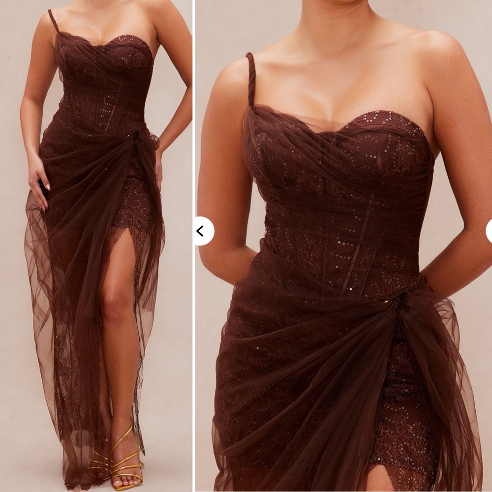 Tulle mesh lace brown maxi draped one shoulder wedding guest event gown dress